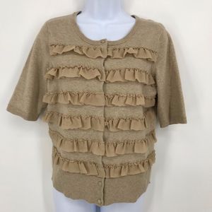 Tan Chiffon Ruffle Front Short Sleeve Cardigan